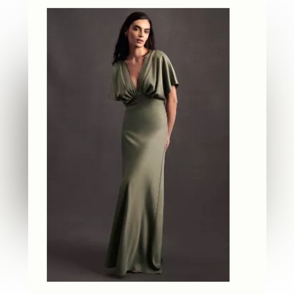 BHLDN Leila Deep-V Flutter-Sleeve Satin A-Line Gown